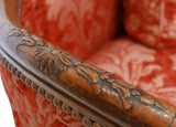 Sofa, French Louis XV Style, Upholstered 79.25"W, Red Damask, Vintage / Antique - Old Europe Antique Home Furnishings