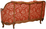 Sofa, French Louis XV Style, Upholstered 79.25"W, Red Damask, Vintage / Antique - Old Europe Antique Home Furnishings