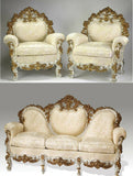 Sofa and Bergeres Set, Italian Rococo Style Carved and Gilt, Satin Brocade, Set of 3 - Old Europe Antique Home Furnishings