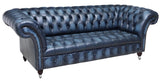 Sofa, Blue Leather, English Chesterfield Style, Nailhead Trim, Button Tufted!! - Old Europe Antique Home Furnishings