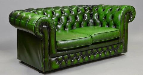 Sofa, British Green Leather Chesterfield 2 Seater, from England, Gorgeous! - Old Europe Antique Home Furnishings