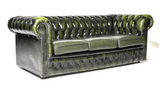 Gorgeous Sofa, Chesterfield, British, Green Leather, Button Tufted, Nailhead Trim Three Seater!! - Old Europe Antique Home Furnishings