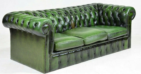 Sofa, Chesterfield, Green, Leather, Button Tufted, British, Gorgeous Seating!! - Old Europe Antique Home Furnishings