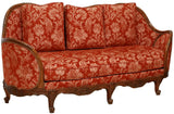 Sofa, French Louis XV Style, Upholstered 79.25"W, Red Damask, Vintage / Antique - Old Europe Antique Home Furnishings