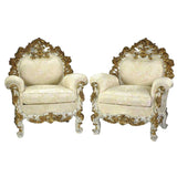 Sofa and Bergeres Set, Italian Rococo Style Carved and Gilt, Satin Brocade, Set of 3 - Old Europe Antique Home Furnishings