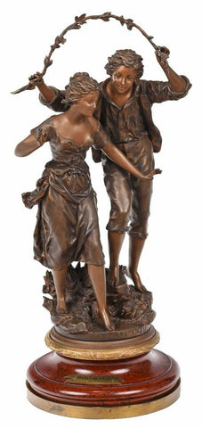 Spelter Statue, Patinated, Fauxÿ Marbleized Base Ernest Rancoulet,SecrŠteÿdu coeur,ÿ - Old Europe Antique Home Furnishings