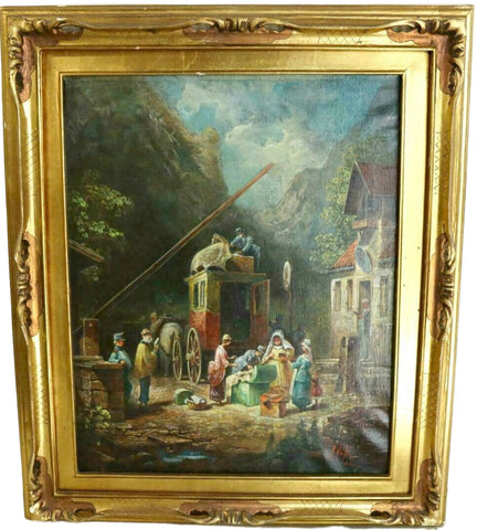Antique Painting Oil, Passengers and a Stagecoach, 18th /19th C., Gorgeous Colors!! - Old Europe Antique Home Furnishings