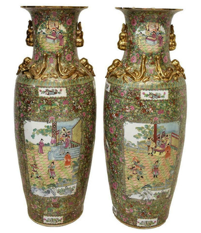 Vases, Chinese Rose Medallion, Porcelain Vases Gorgeous, Vintage, Set of Two!! - Old Europe Antique Home Furnishings