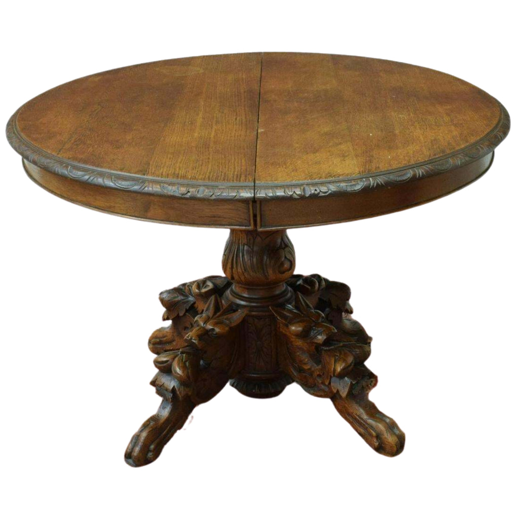 Table, Round, French Carved Oak Extension Pedestal Table, 19th C
