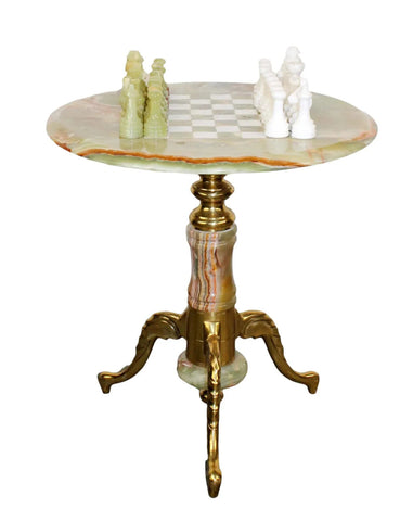 Table, Chess, Italian Onyx & Brass Pedestal Base Table, Lovely Colors, 20th Century!! - Old Europe Antique Home Furnishings