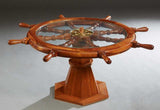 Table, Ship's Wheel, Coffee, Glass Top, Unusually Carved Mahogany, 1900's! - Old Europe Antique Home Furnishings