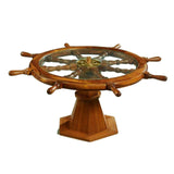 Table, Ship's Wheel, Coffee, Glass Top, Unusually Carved Mahogany, 1900's! - Old Europe Antique Home Furnishings