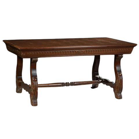 Table, Dining, Carved Oak, Spanish Renaissance Style, Parquetry Top, 1900's! - Old Europe Antique Home Furnishings