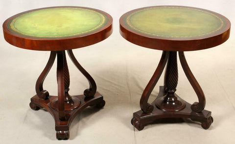 Tables, Round Tooled, Mahogany, Green Leather Top, Pair, Vintage, 1940 C!! - Old Europe Antique Home Furnishings