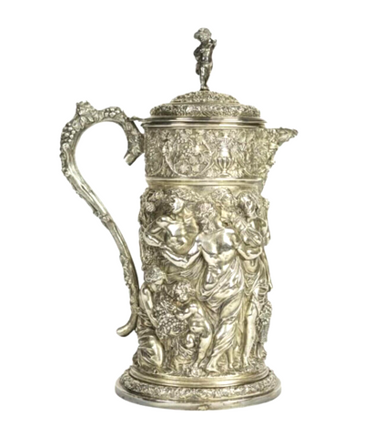 Tankard Pitcher, Silver-plated, Design in Relief of a Wine-making Scene, Raised - Old Europe Antique Home Furnishings