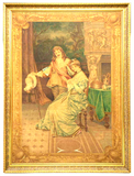 Tapestry, Large Framed Courting Scene Painted, Continental, Early 1900s!! - Old Europe Antique Home Furnishings
