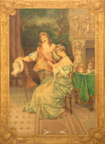 Tapestry, Large Framed Courting Scene Painted, Continental, Early 1900s!! - Old Europe Antique Home Furnishings