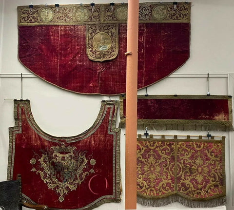 Textiles, Fabrics, Four Various Early Teriles, Wall Decor, Red Velvet! - Old Europe Antique Home Furnishings