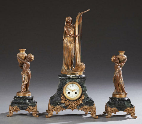 Gorgeous Three-Piece Patinated Spelter and Verde Antico Marble, 19th Century ( 1800s)!! - Old Europe Antique Home Furnishings