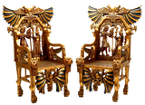 Throne Chairs, Egyptianesque, Pair, Carved Polychrome, Fancy! - Old Europe Antique Home Furnishings
