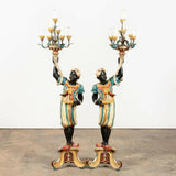 Torchieres, Pair, Italian Blackamoor, Carved Wooden Figures, Seven-Light, 68"!! - Old Europe Antique Home Furnishings