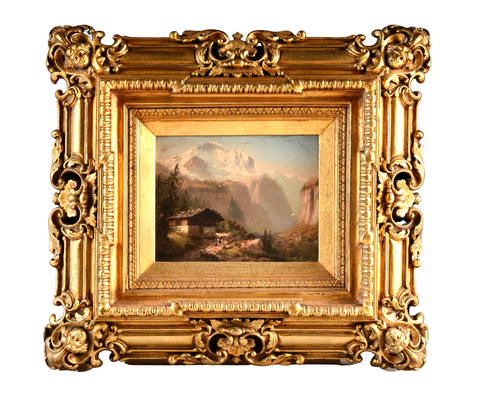 Oil Painting Swiss School, "Mountain and Figures by Cabin in Landscape,"E 20th C - Old Europe Antique Home Furnishings