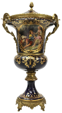 Urn, Severes Style, Metal-Mounted, Porcelain, Cobalt Blue, Gilt Enamel, 32" H.! - Old Europe Antique Home Furnishings