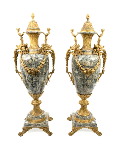 Urns, Louis XV Style, Huge, Pair, Gilt Mounted, Faux Marble, 60 Ins., 1900's! - Old Europe Antique Home Furnishings