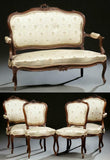 Parlor Set, Settee and 4 Chairs, French Louis XV Style Carved Walnut, Charming! - Old Europe Antique Home Furnishings