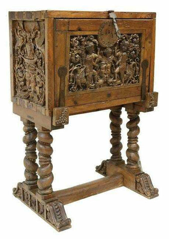Vargueno Secretary, Computer / TV Stand, Spanish Style Carved, On Stand, 1900's! - Old Europe Antique Home Furnishings