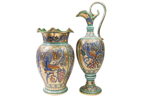 Vase & Ewer, Ceramic (2) Italian Byzantine Style, "Gold and Azure", Large, Mosai - Old Europe Antique Home Furnishings