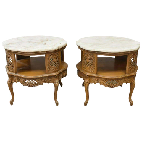 Vintage Tables, End, Pair of French Louis XV Style Marble Top, 1900's, Charming! - Old Europe Antique Home Furnishings