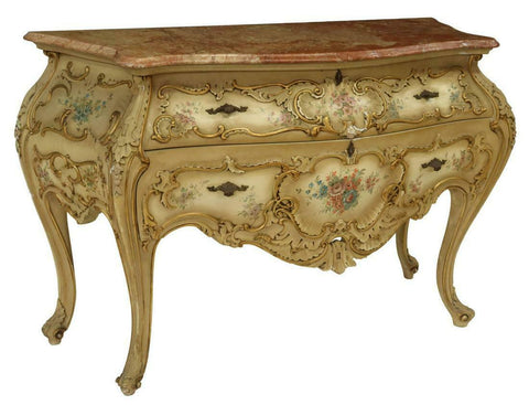 Vintage Bombe Commode, Venetian Marble-Top Parcel Gilt Painted, Gllt Metal Accents!! - Old Europe Antique Home Furnishings