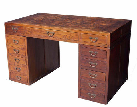 Vintage Desk, Asian Elmwood Parquetry Pedestal Writing Desk, Vintage / Antique! - Old Europe Antique Home Furnishings