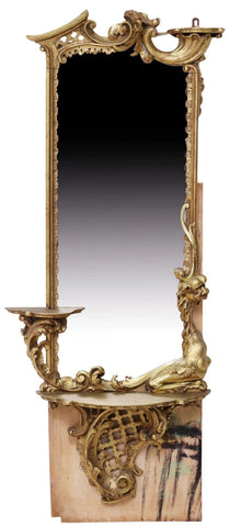Wall Mirror, Florentine Giltwood, Crest, Shelves, Winged Motif, Early 1900s!! - Old Europe Antique Home Furnishings