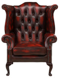 Wingback ArmChair, Leather, Oxblood English Queen Anne Style, Button-Tufted!! - Old Europe Antique Home Furnishings