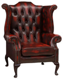 Wingback ArmChair, Leather, Oxblood English Queen Anne Style, Button-Tufted!! - Old Europe Antique Home Furnishings