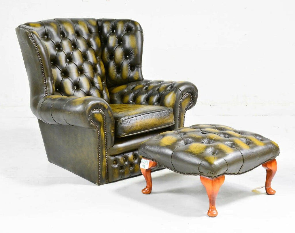 Green leather new arrivals chesterfield wingback chair