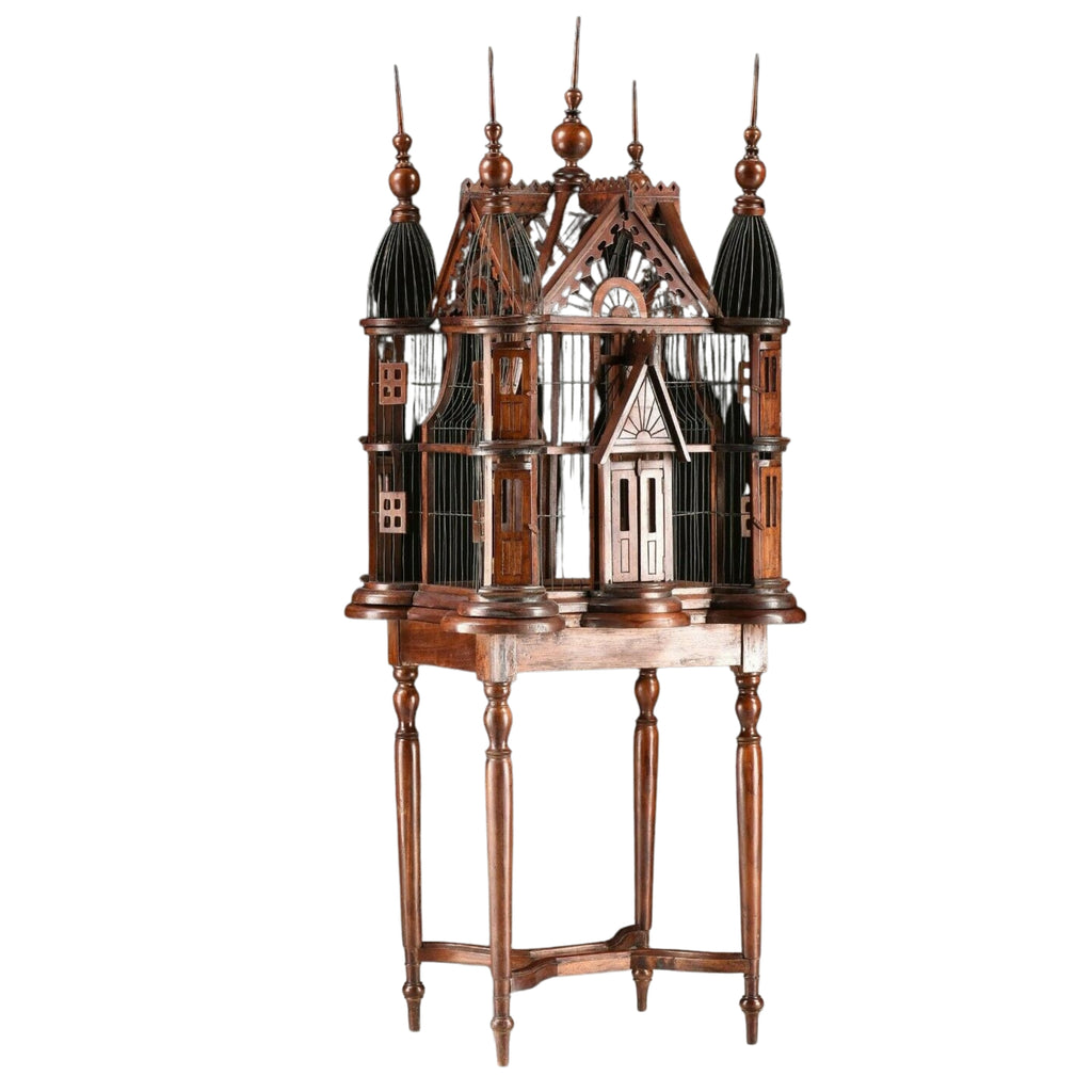 Wooden Birdcage, A Victorian Style Wire And Carved Wood Cathedral