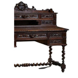 Antique Desk, French Henri II Style Carved, Oak, Rope Twist Legs, c. 1880's - Old Europe Antique Home Furnishings