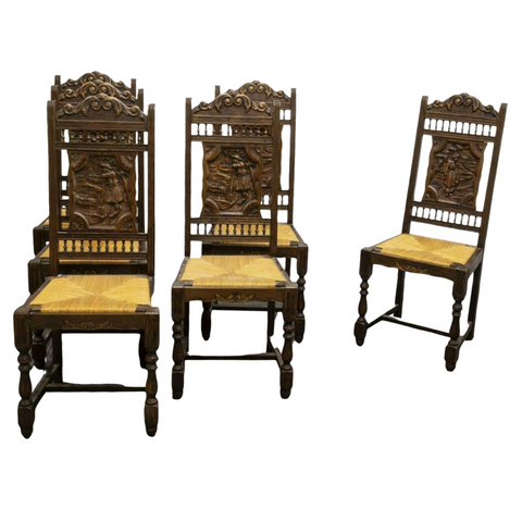 Antique Chairs, Dining, Six French Breton Oak Rush-Seat, Early 20th C., Charming - Old Europe Antique Home Furnishings