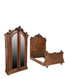 Antique Bed Set, Bed, Armoire, Mirrored, Fine French Carved, Mahogany, 1800's! - Old Europe Antique Home Furnishings