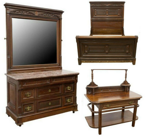 Antique Bedroom Set, Bed, 3-Piece Victorian John Sparks, Walnut, 1800s, Stunning - Old Europe Antique Home Furnishings