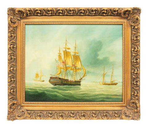 Antique Painting, Boats, Warships at Sea, American School, 1800s Gorgeous Colors!! - Old Europe Antique Home Furnishings