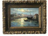Painting, Boats In a Harbor, 41" x 53" C. Frecio, Still LIfe, Gorgeous Colors! - Old Europe Antique Home Furnishings