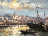 Painting, Boats In a Harbor, 41" x 53" C. Frecio, Still LIfe, Gorgeous Colors! - Old Europe Antique Home Furnishings