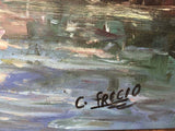 Painting, Boats In a Harbor, 41" x 53" C. Frecio, Still LIfe, Gorgeous Colors! - Old Europe Antique Home Furnishings