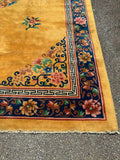 Carpet, Room-size, Chinese Deco, Yellow, Floral Border 14ft 3in x 9ft 11in!!! - Old Europe Antique Home Furnishings