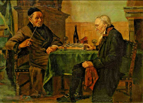 Painting, Oil, English School, on Canvas,"The Chess Game", Framed. on Mulle!! - Old Europe Antique Home Furnishings