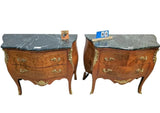 Chests, Bombes (2) French, Inlaid Burl, Walnut, 2-Drawer, Marble Top, Ormolu Mts - Old Europe Antique Home Furnishings